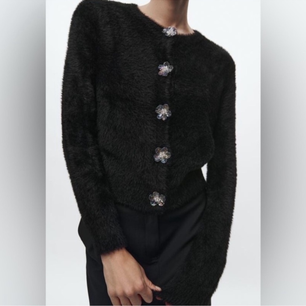 Zara faux fur black cardigan with flower buttons size S